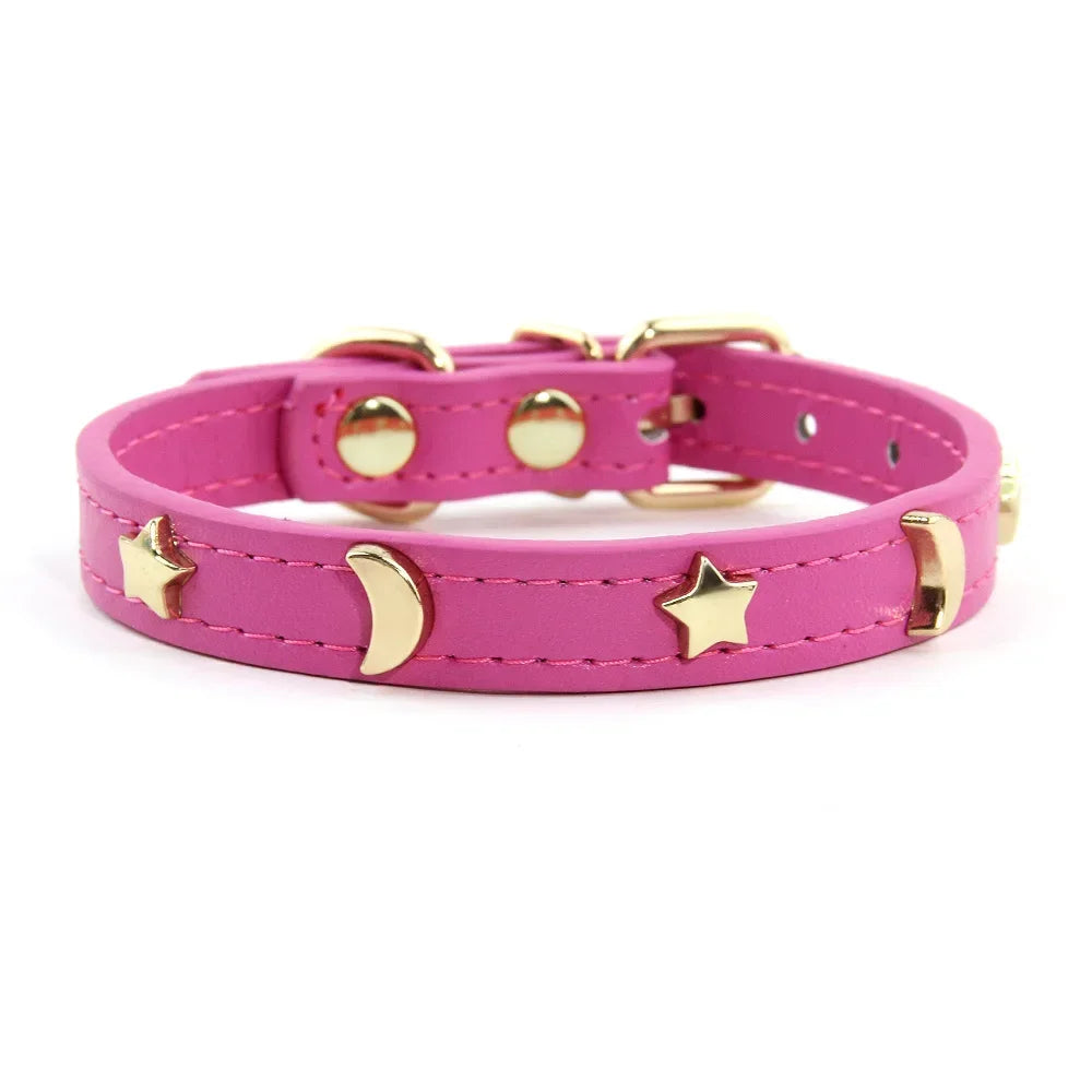 Soft Leather Cat Collar Star Moon Rivets Kitten Puppy XS-M