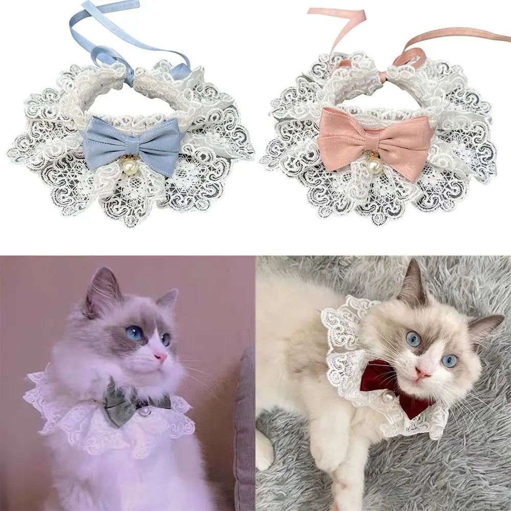 Lace bowknot scarf collars with light blue and blush pink bows on white lace ruffles