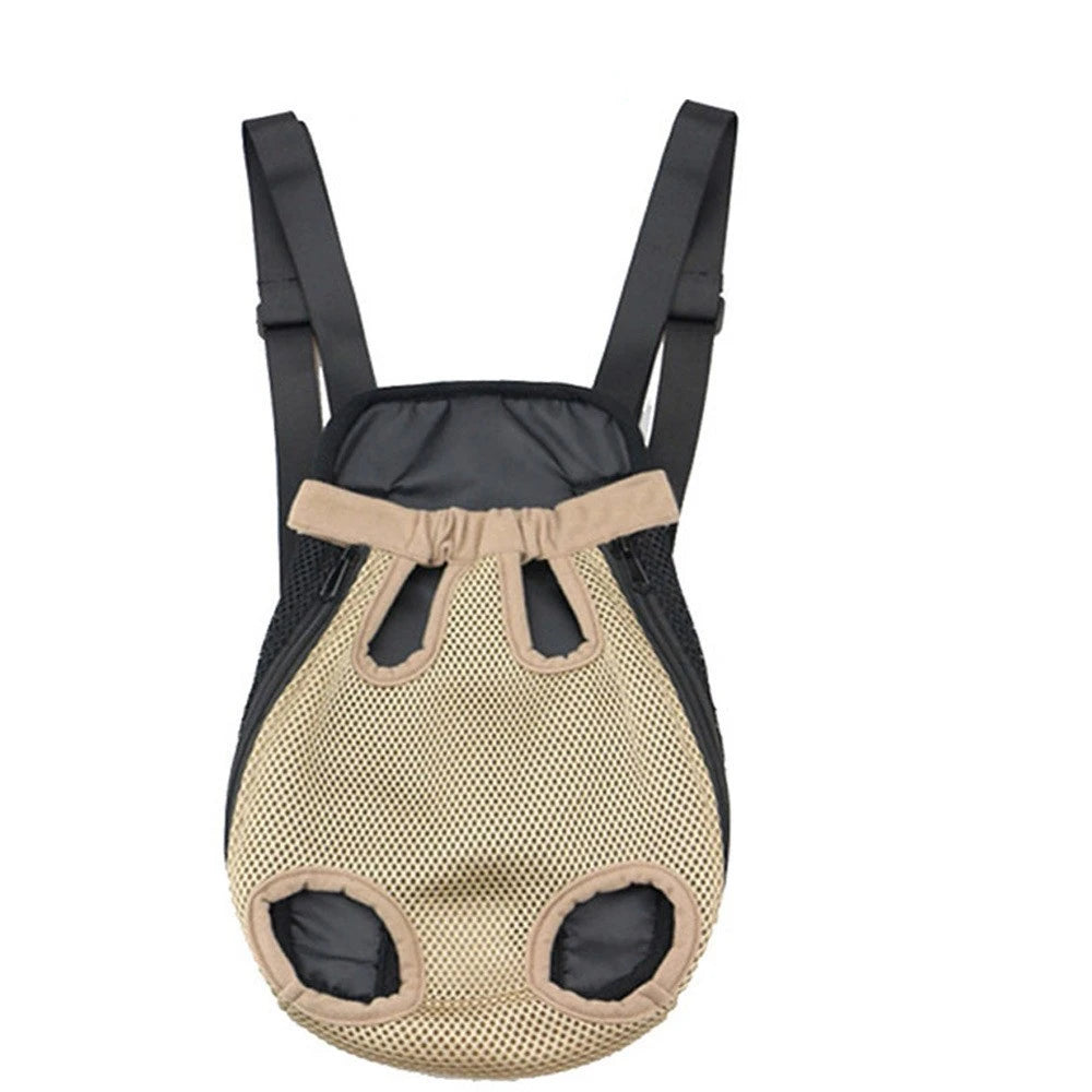 Breathable pet backpack with beige mesh body, two paw openings, black shoulder straps