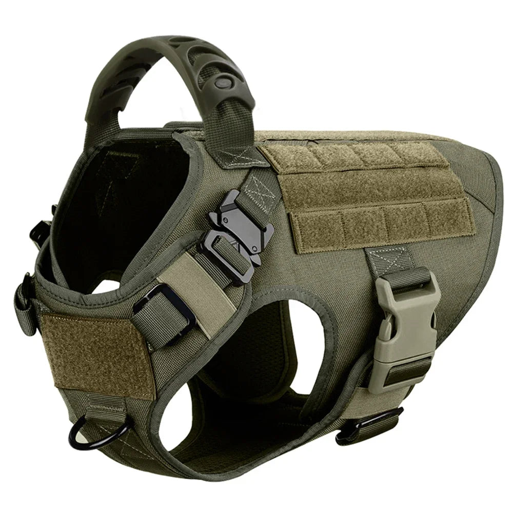 Green dog training vest harness with padded chest panels and side buckle hardware