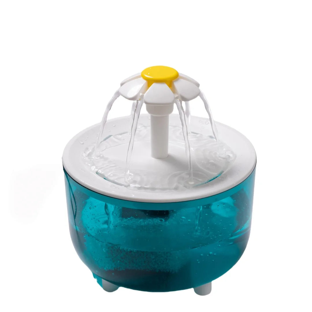 1.2L cat water fountain with teal blue basin, white arms, yellow nozzle