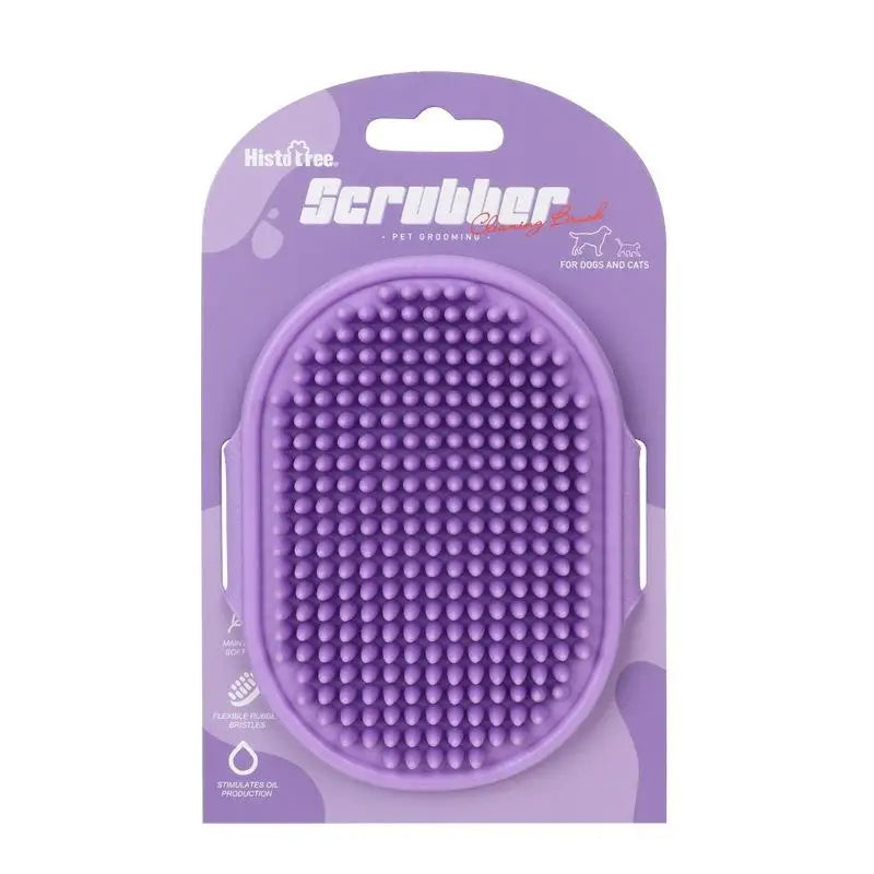 Purple silicone pet bath brush pad with raised nubs, in blister package