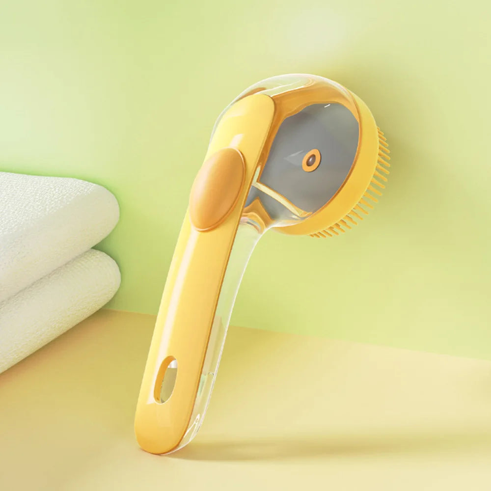 Pet bath brush with yellow bristle head and clear scoop handle for pets