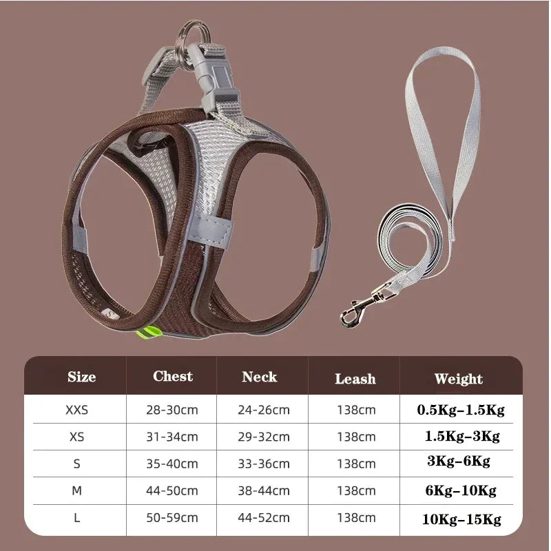 Brown and gray mesh no-pull dog harness vest set with leash and size chart