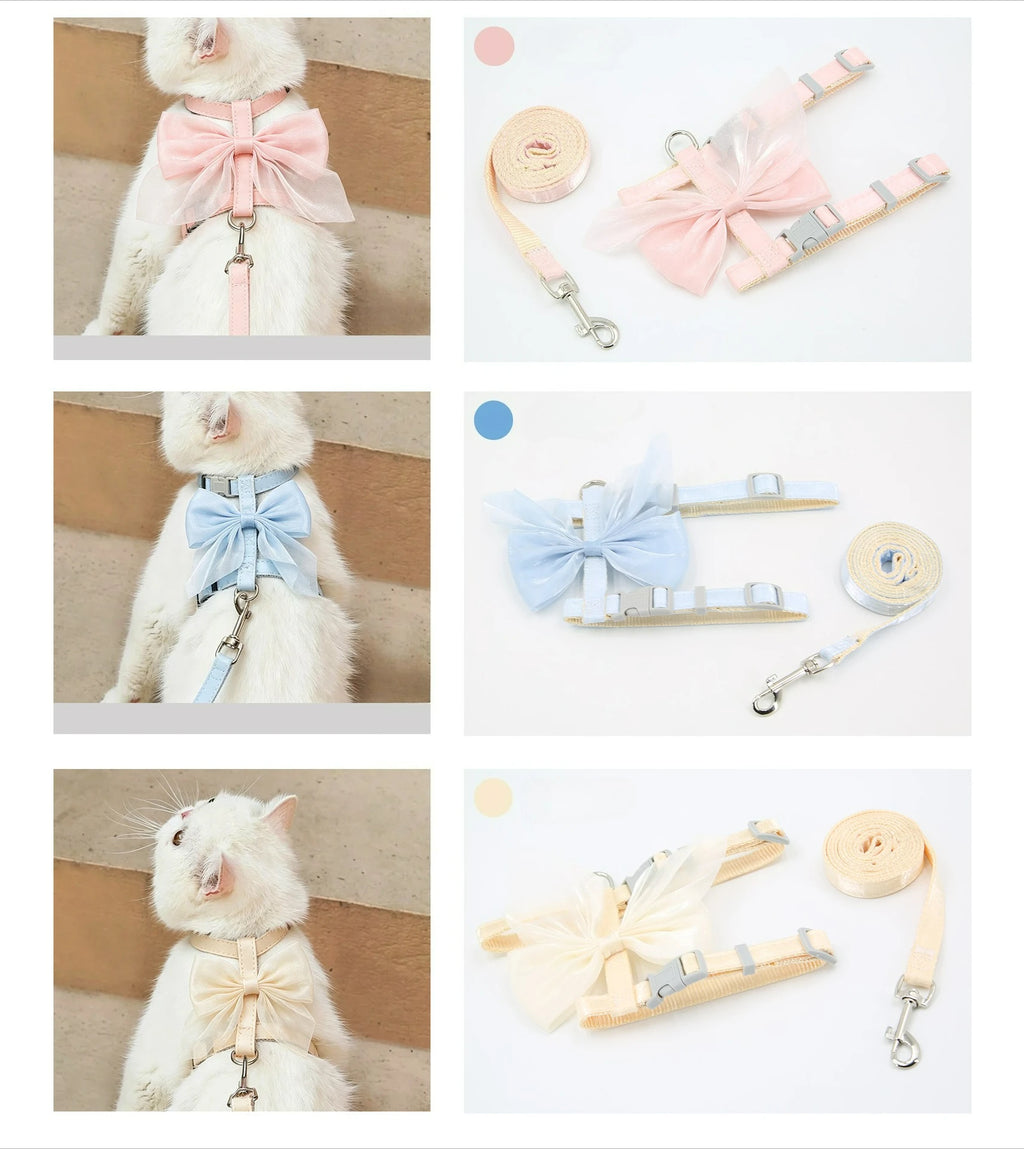 Pink cat harness and leash set with large bowknot and adjustable padded straps