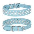 Light blue PU leather pet collar with rhinestone stud pattern and silver metal buckle