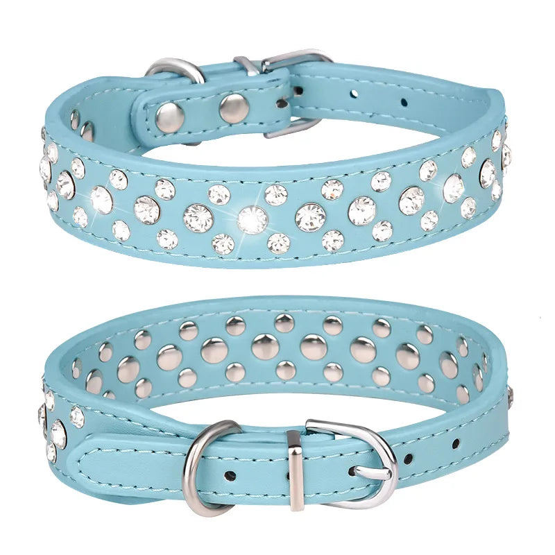 Light blue PU leather pet collar with rhinestone stud pattern and silver metal buckle