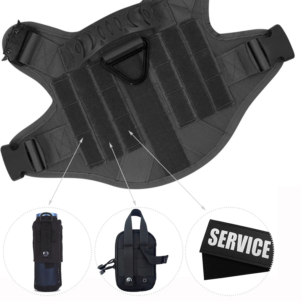 Black tactical dog harness with padded chest, front D-ring, and adjustable webbing straps