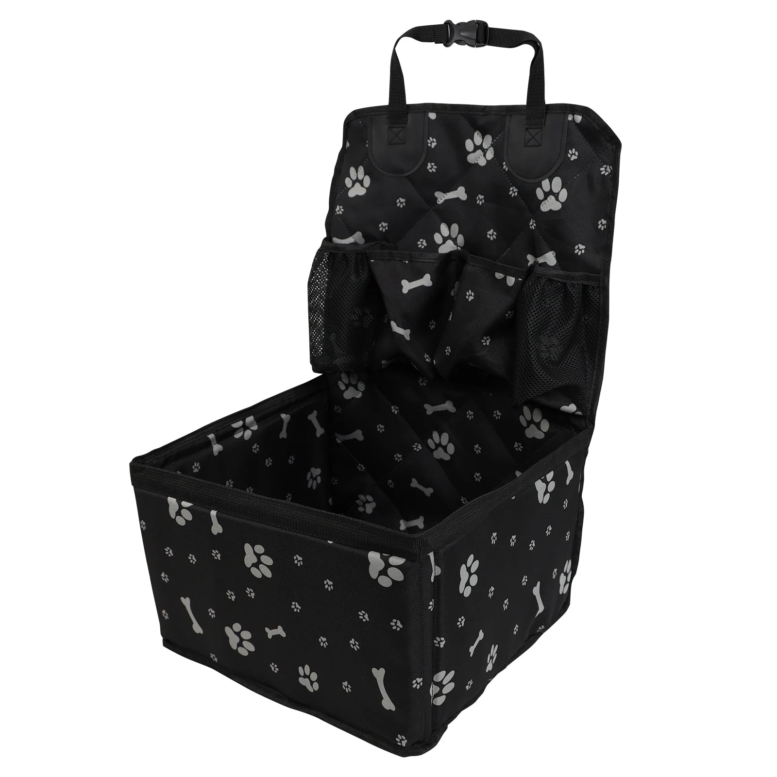 Black pet car seat storage cover with paw print pattern and front mesh pocket