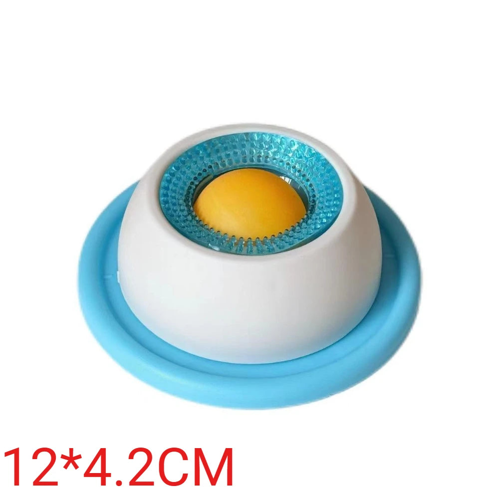 Blue and white pet grooming tool with textured ring and yellow center insert
