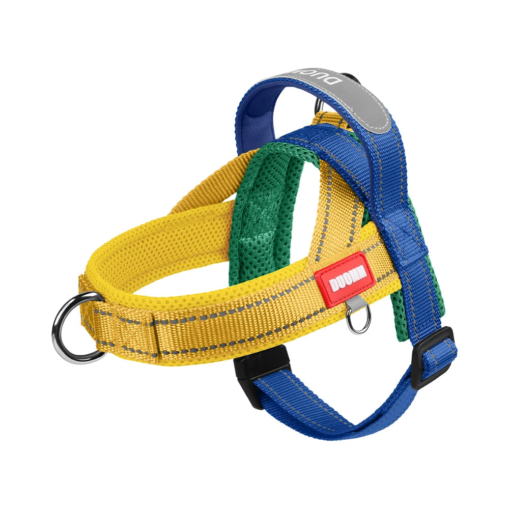 Blue and yellow saddle-type dog chest harness strap with green mesh center and rings