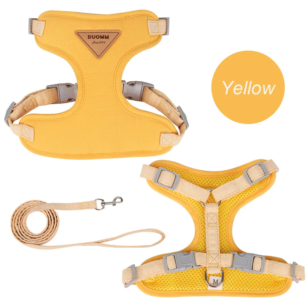Yellow breathable pet harness set with leash and adjustable chest straps