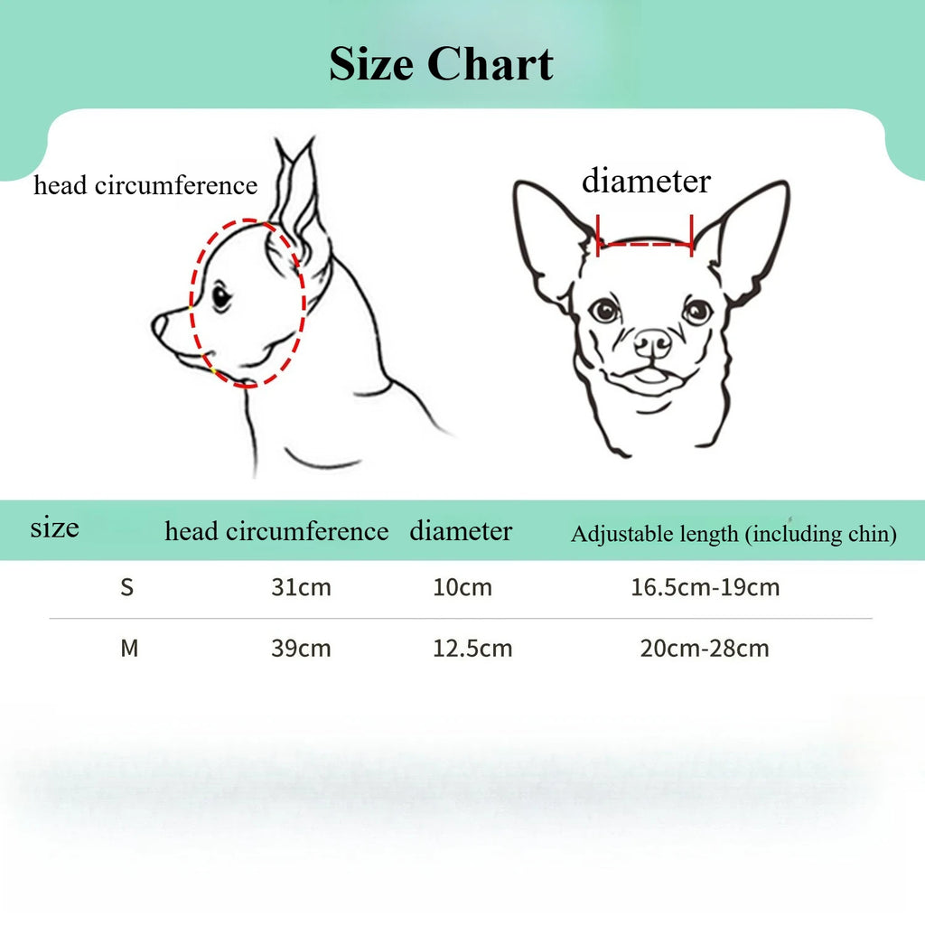 Size chart for pet helmet and sunglasses accessory with S and M measurements diagram