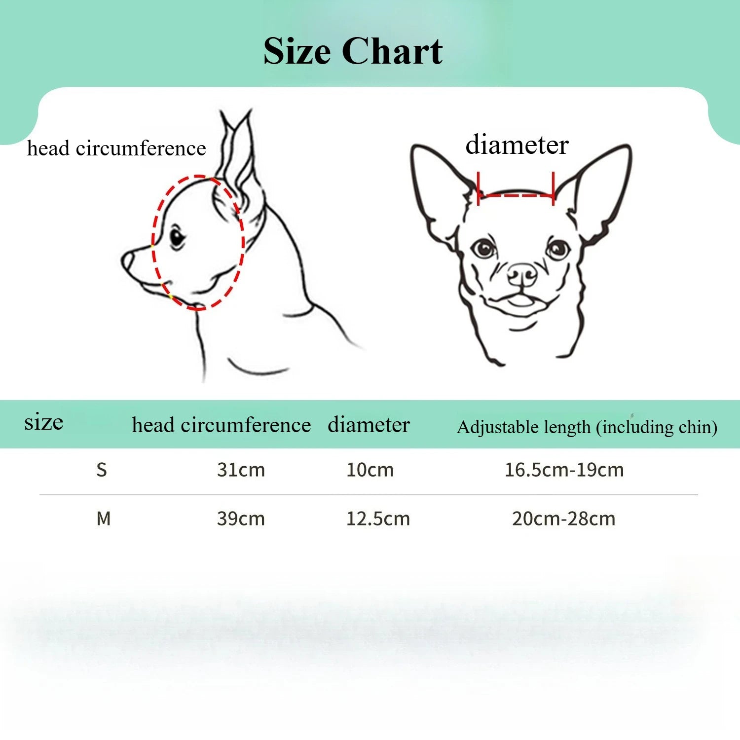 Size chart for pet helmet and sunglasses accessory with S and M measurements diagram