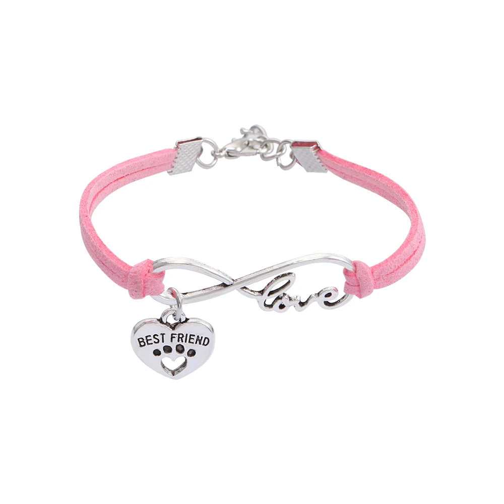 Adjustable pink pet collar with heart “Best Friend” charm and silver “love” bar connector