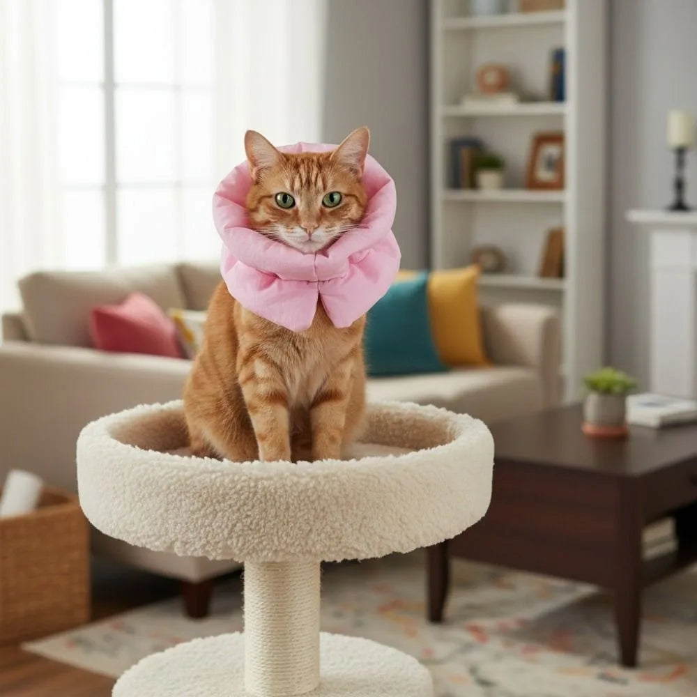 Cat wearing a pink waterproof anti-lick recovery collar in a cushioned pet bed