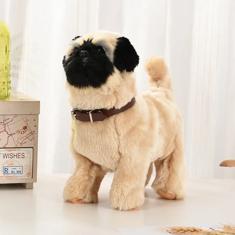 Interactive plush dog toy, beige fur with black ears and muzzle, brown collar, sitting