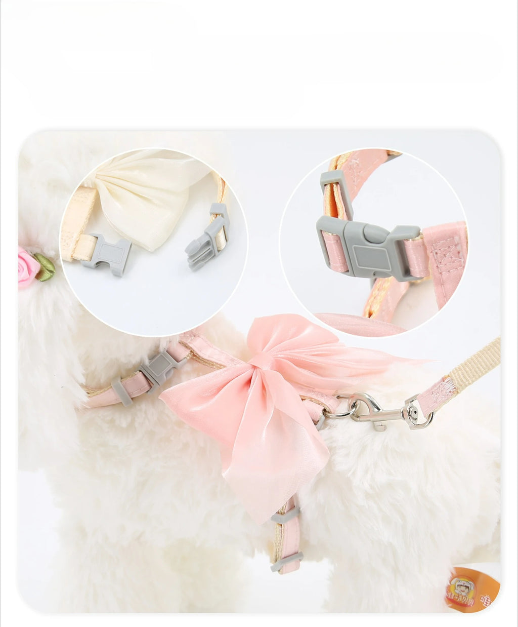 Cat harness and leash set with pink bowknot, padded straps, and metal D-ring clip