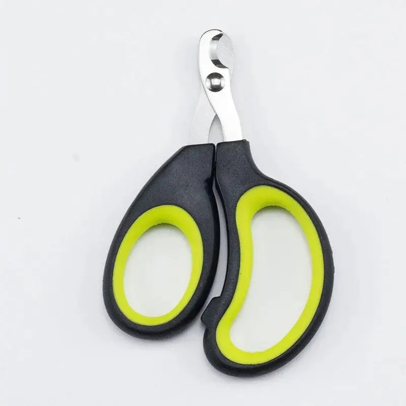 Crescent-shaped dog nail clipper with dark grips and neon yellow inner rings, stainless blades