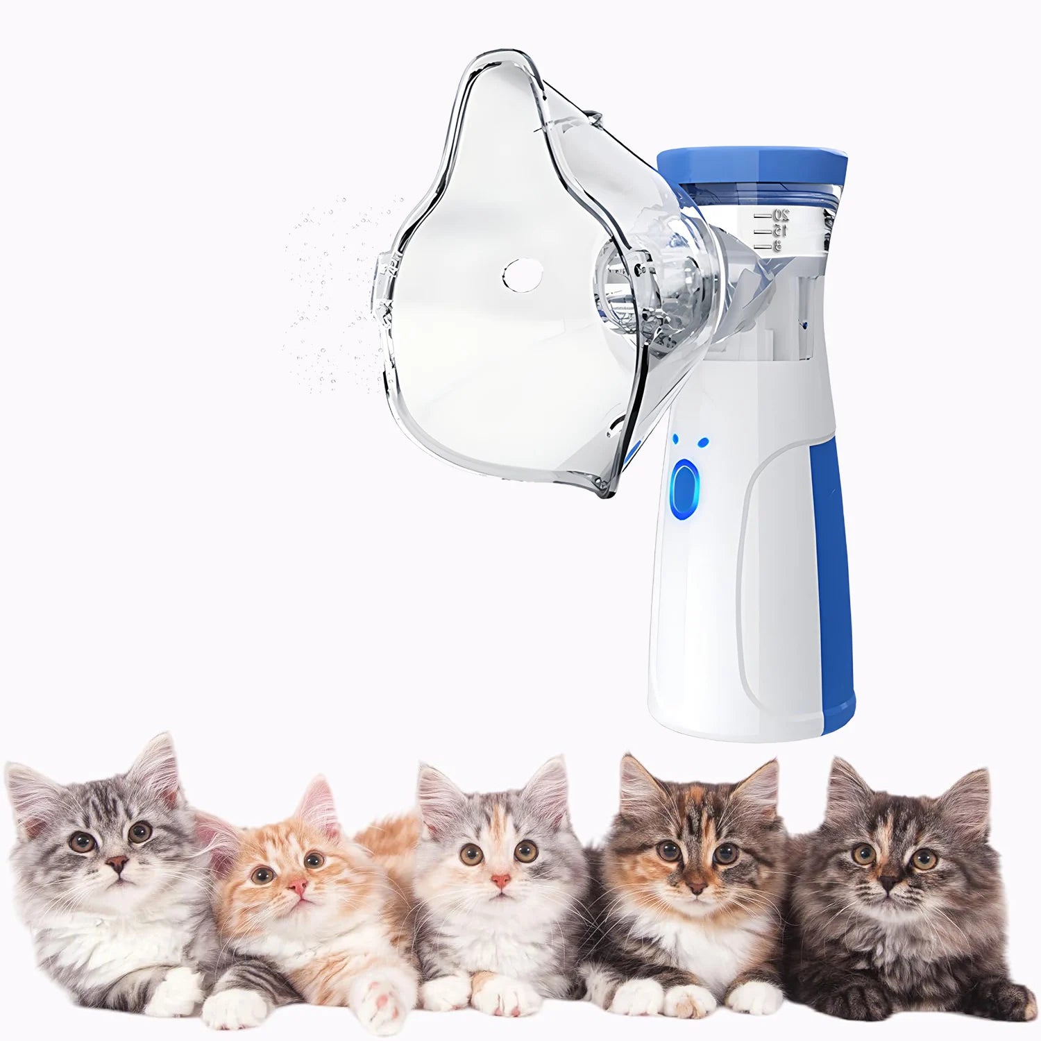 White and blue pet asthma inhaler spacer nebulizer with clear face mask, compact design