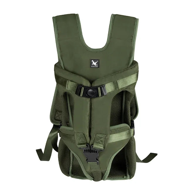 Pet front backpack carrier, army green, front view with chest strap and side mesh pockets