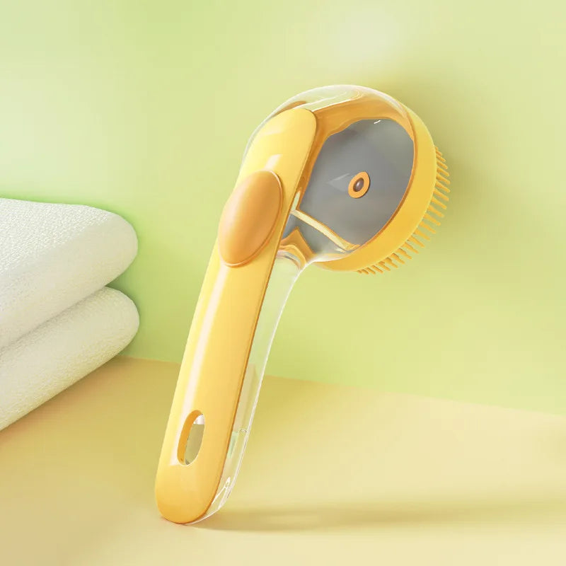 Yellow 2-in-1 pet grooming brush with massage nubs and curved scrubbing head