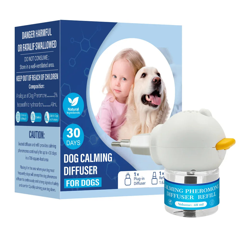Dog calming pheromone diffuser kit with white device and refill bottle on box