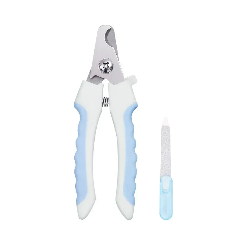 Pet nail clipper with blue grips and white body, with nail file