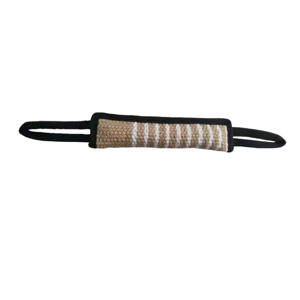 Jute bite stick tug toy with striped center, black handles, dark brown outer trim.