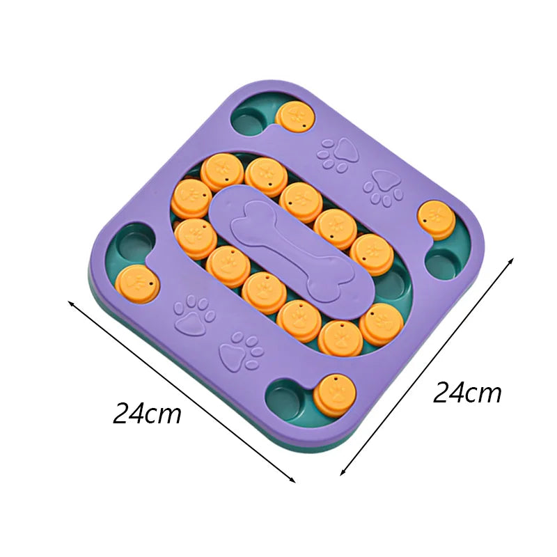 Purple and green cat scratching lounge board with orange coin toys and paw cutouts