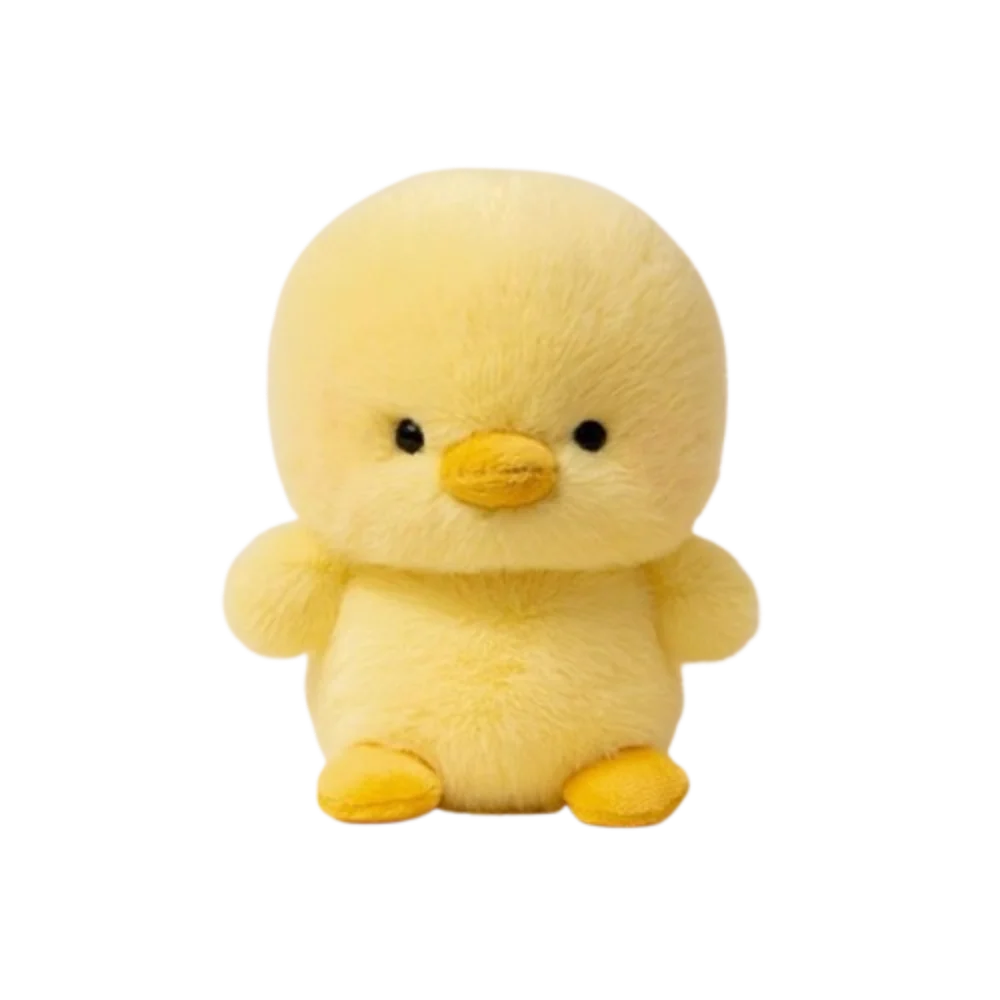 Plush chick animal toy, bright yellow with orange beak, small wings and stitched eyes