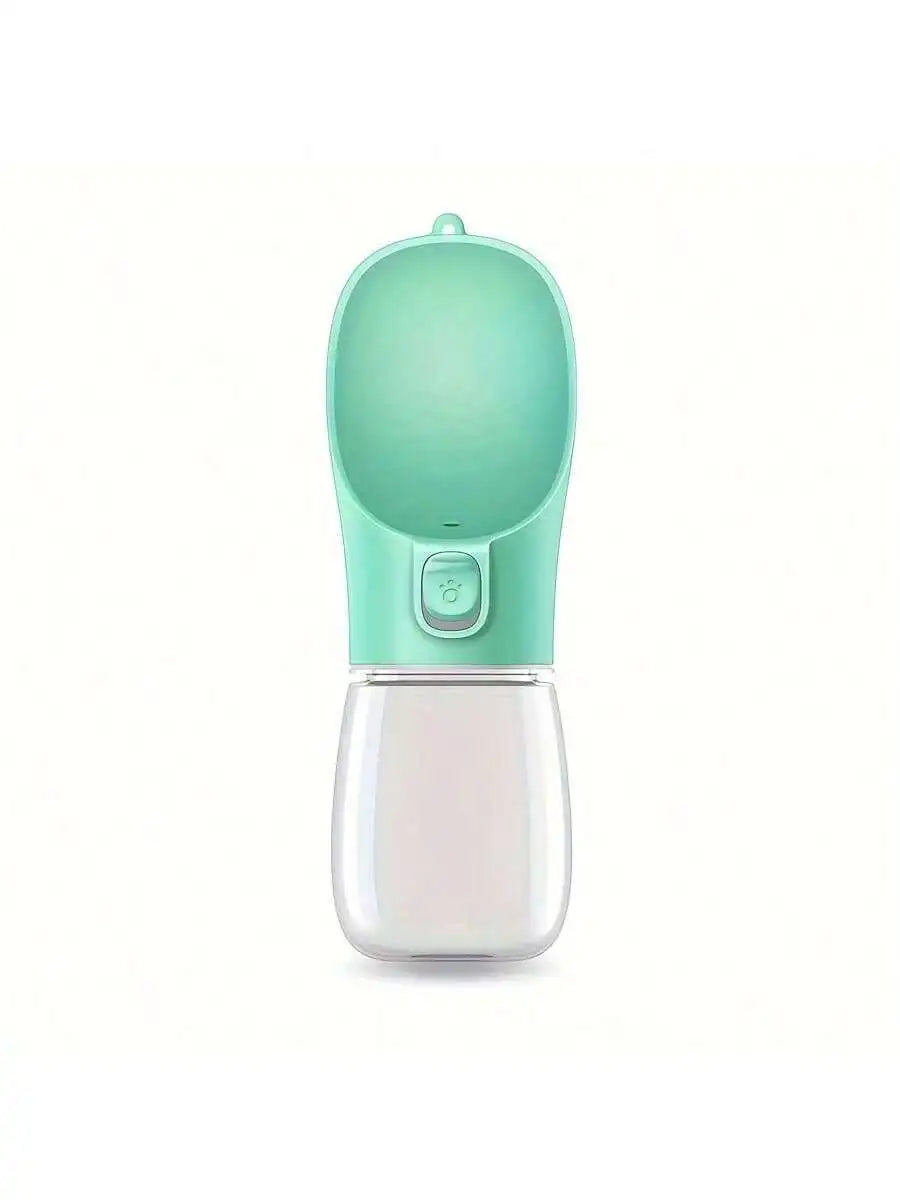 Teal mint portable pet water bottle with flip-top drinking spout and front control button