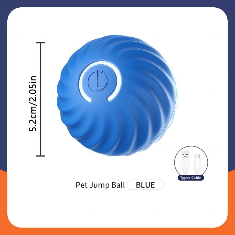 Blue pet jump ball toy with power button icon and LED light ring