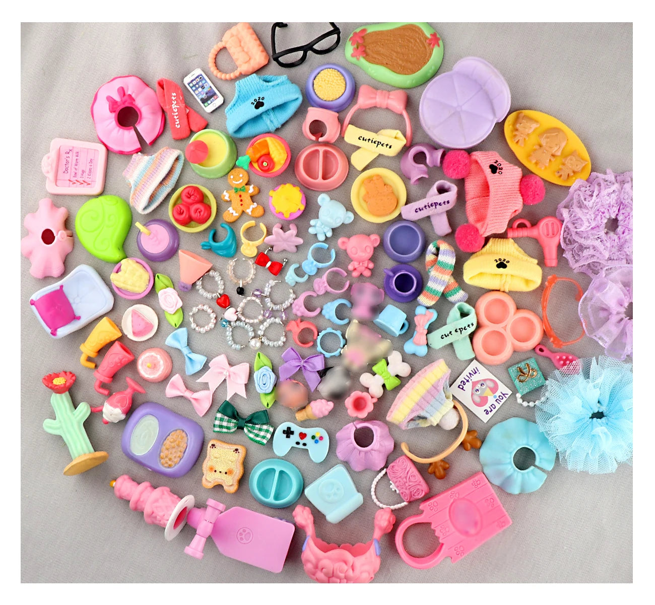 Pet collar accessories set, colorful charm mix with clips and rings on fabric