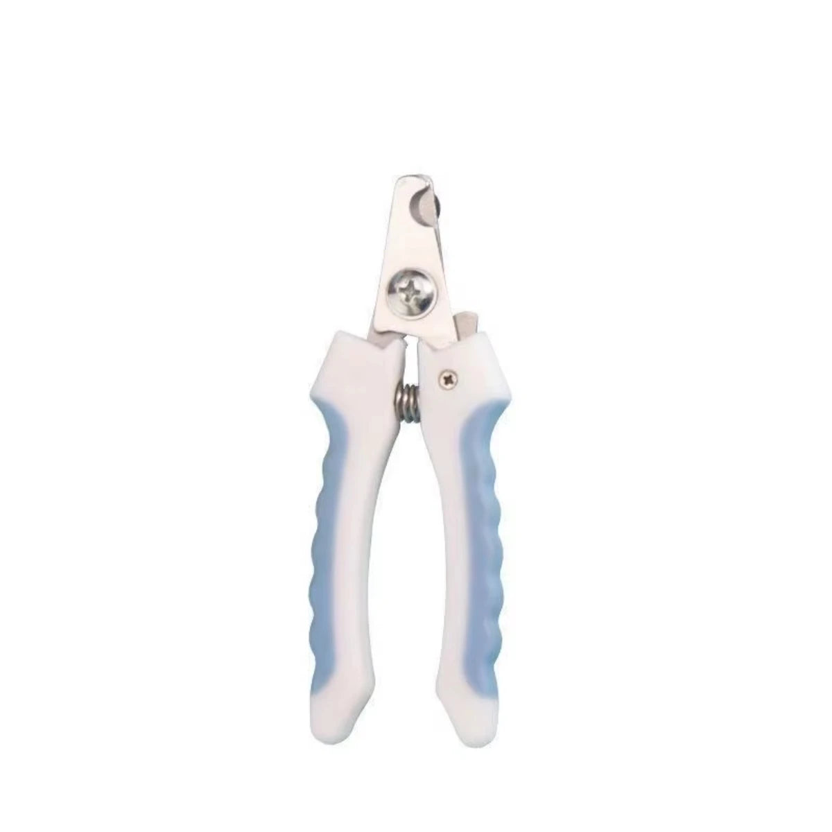 Pet nail clippers with blue cushioned handles and stainless steel cutting head