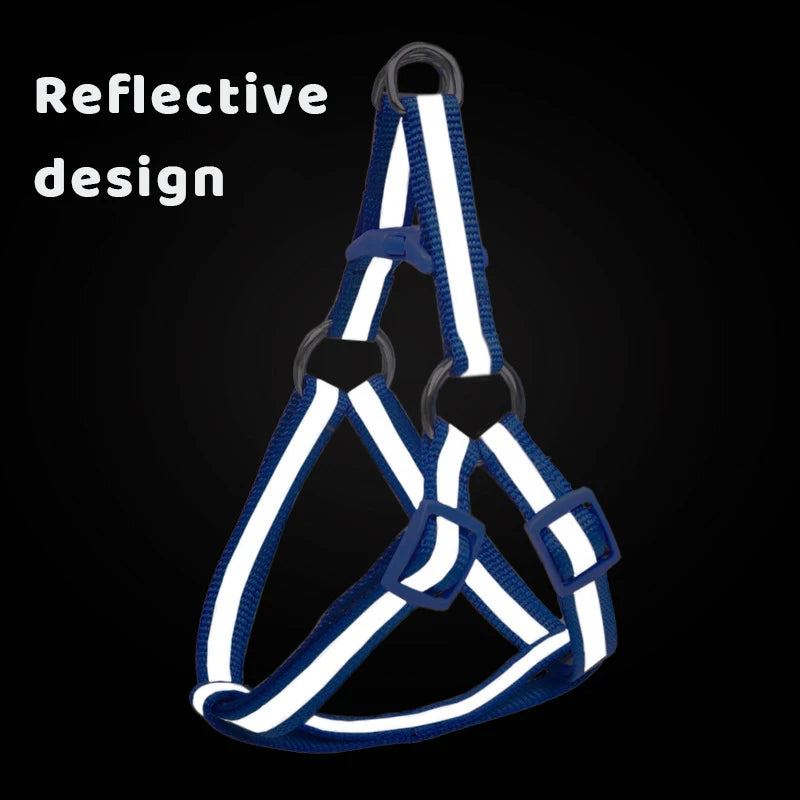 Navy reflective dog harness vest with matching leash strap and metal ring