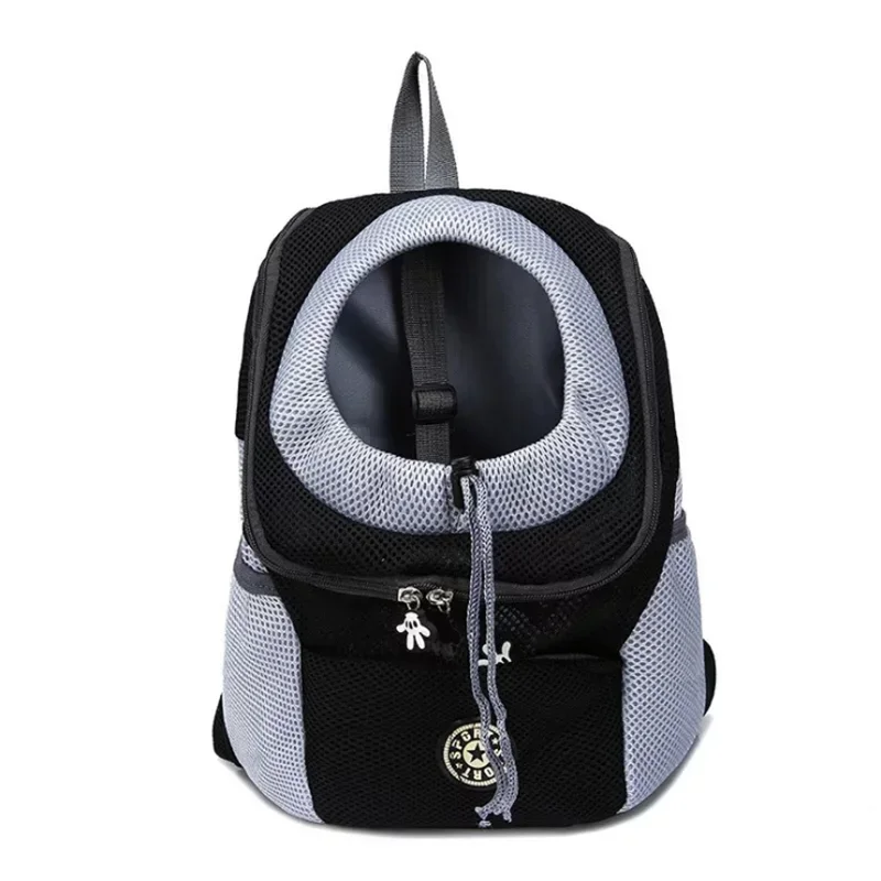 Black and gray ventilated pet backpack carrier with front zipper and mesh window