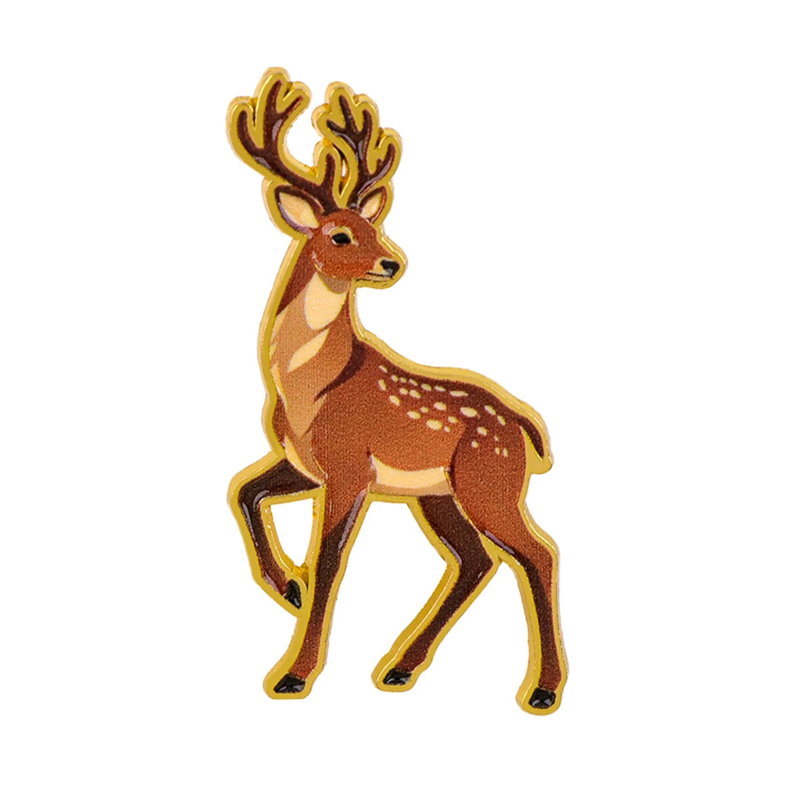 Enamel deer pin, brown standing deer with antlers and gold outline