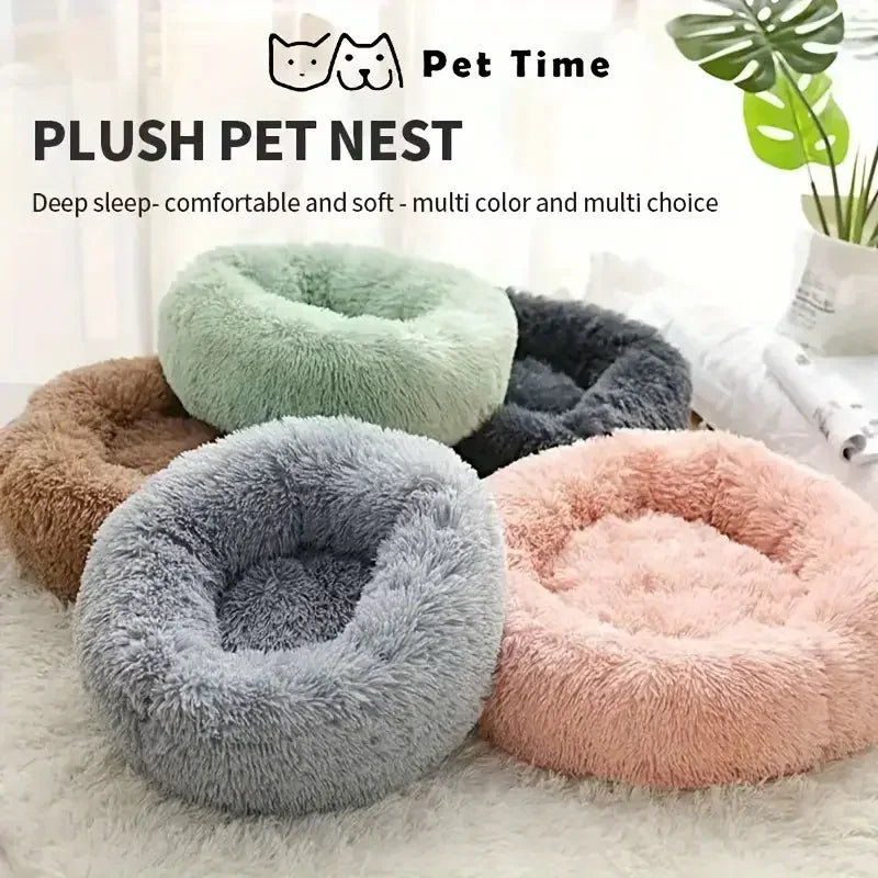 Round Plush Pet Bed – Soft Faux Fur Cat & Dog Nest