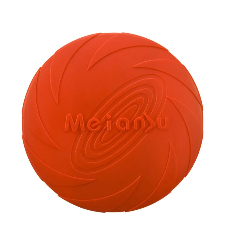 Orange-red silicone flying disc dog toy close-up with embossed MeianyU logo
