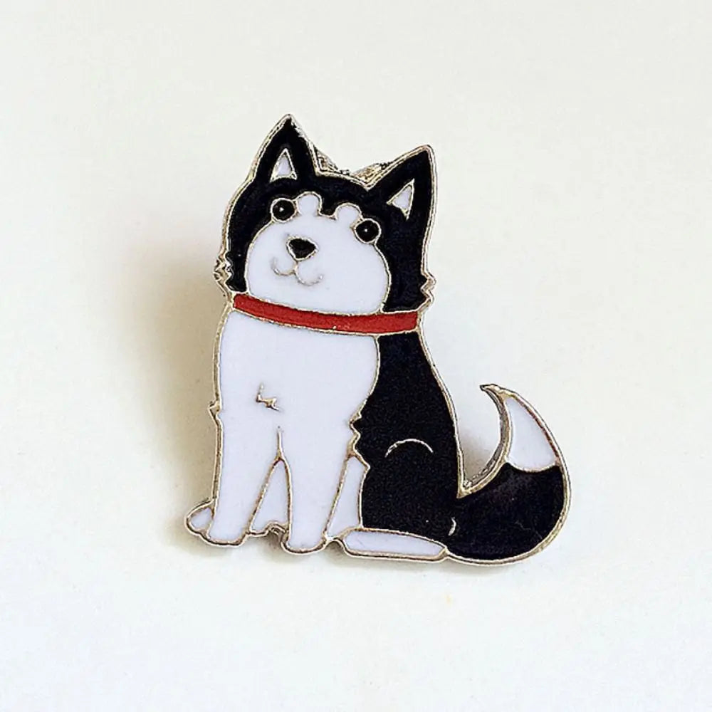 Cartoon dog enamel pin badge, black-and-white husky-like dog with red collar