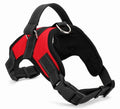 Red and black dog harness vest with padded chest panel and quick-release buckle
