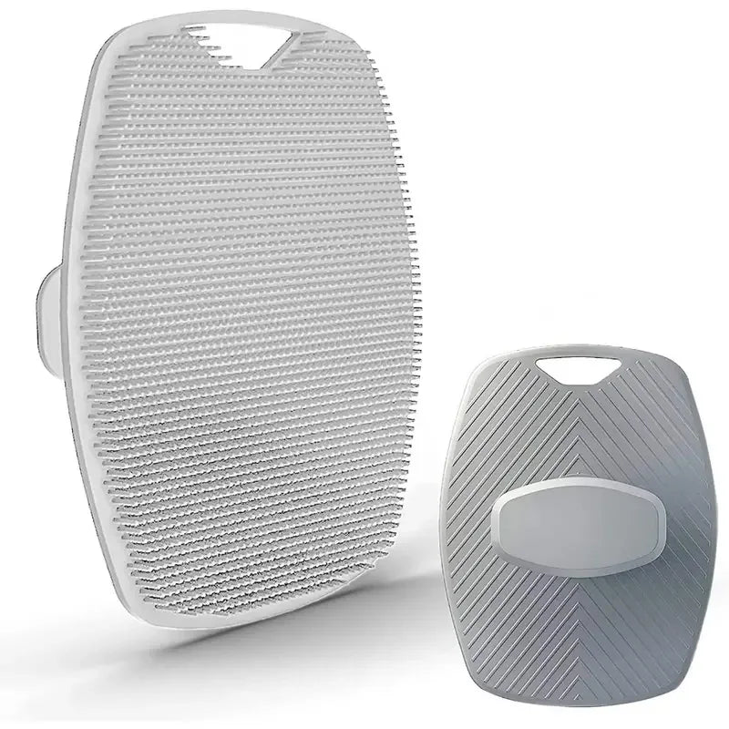 Gray silicone exfoliating bath brush with curved handle and dense bristle pads