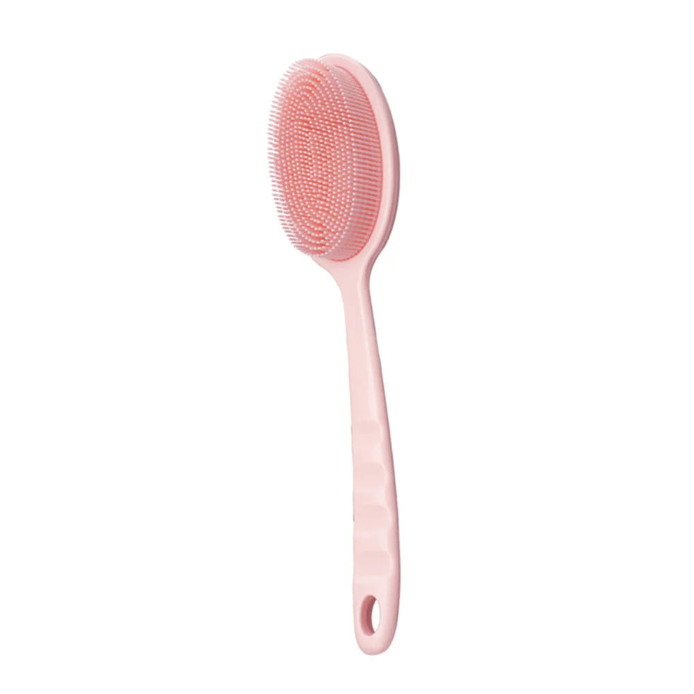 Soft bath scrubbing brush with long pink handle and oval pink/red scrubbing head