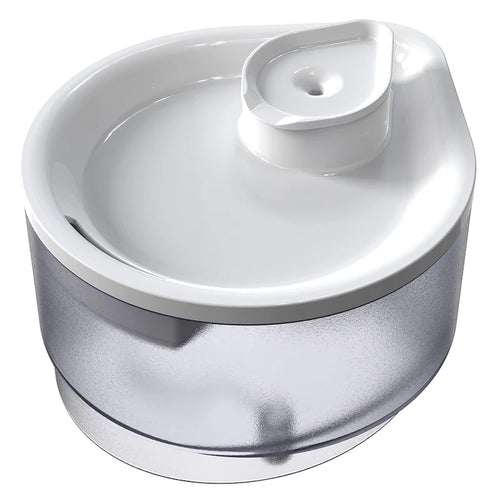 White and gray pet water fountain base with curved top and outlet nozzle