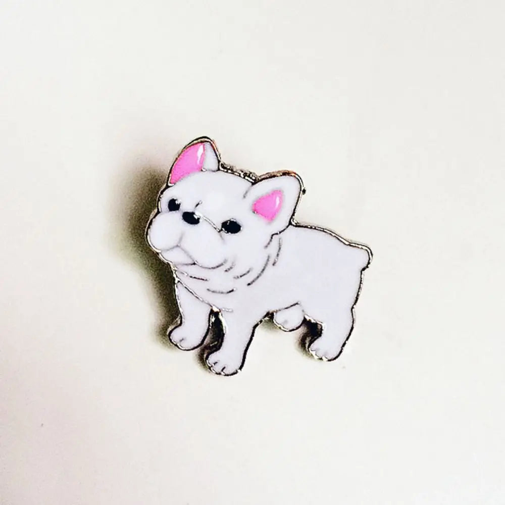 Cartoon dog enamel pin with white dog and pink ears, standing pose