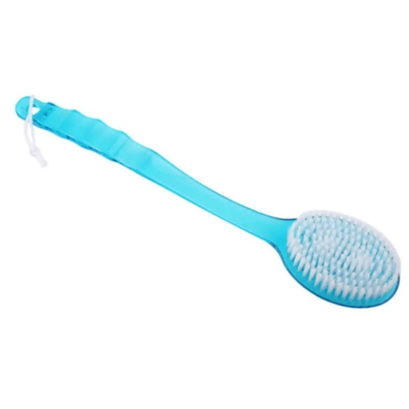 Blue long-handle back scrubber with oval white bristle head