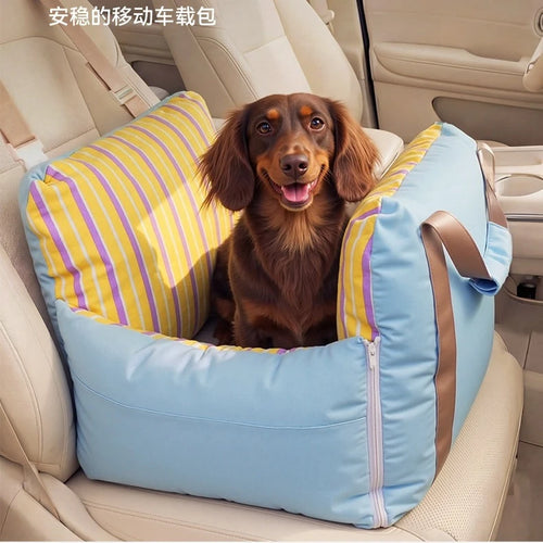 Car pet sleeping carrier, blue with yellow striped bolsters and zip-front nest, dog inside