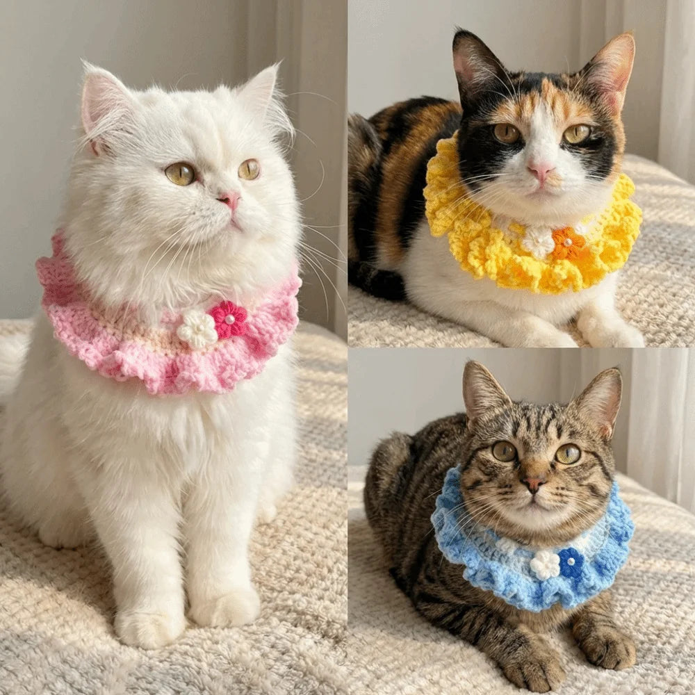 Cats wearing crochet scarf bibs: pink on white cat, yellow on tabby cat