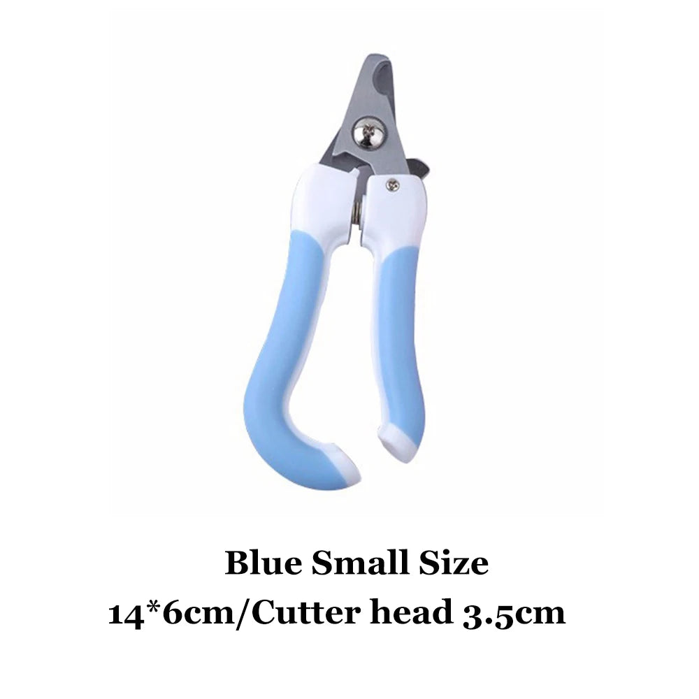 Blue pet nail clippers with white guard and curved finger grips